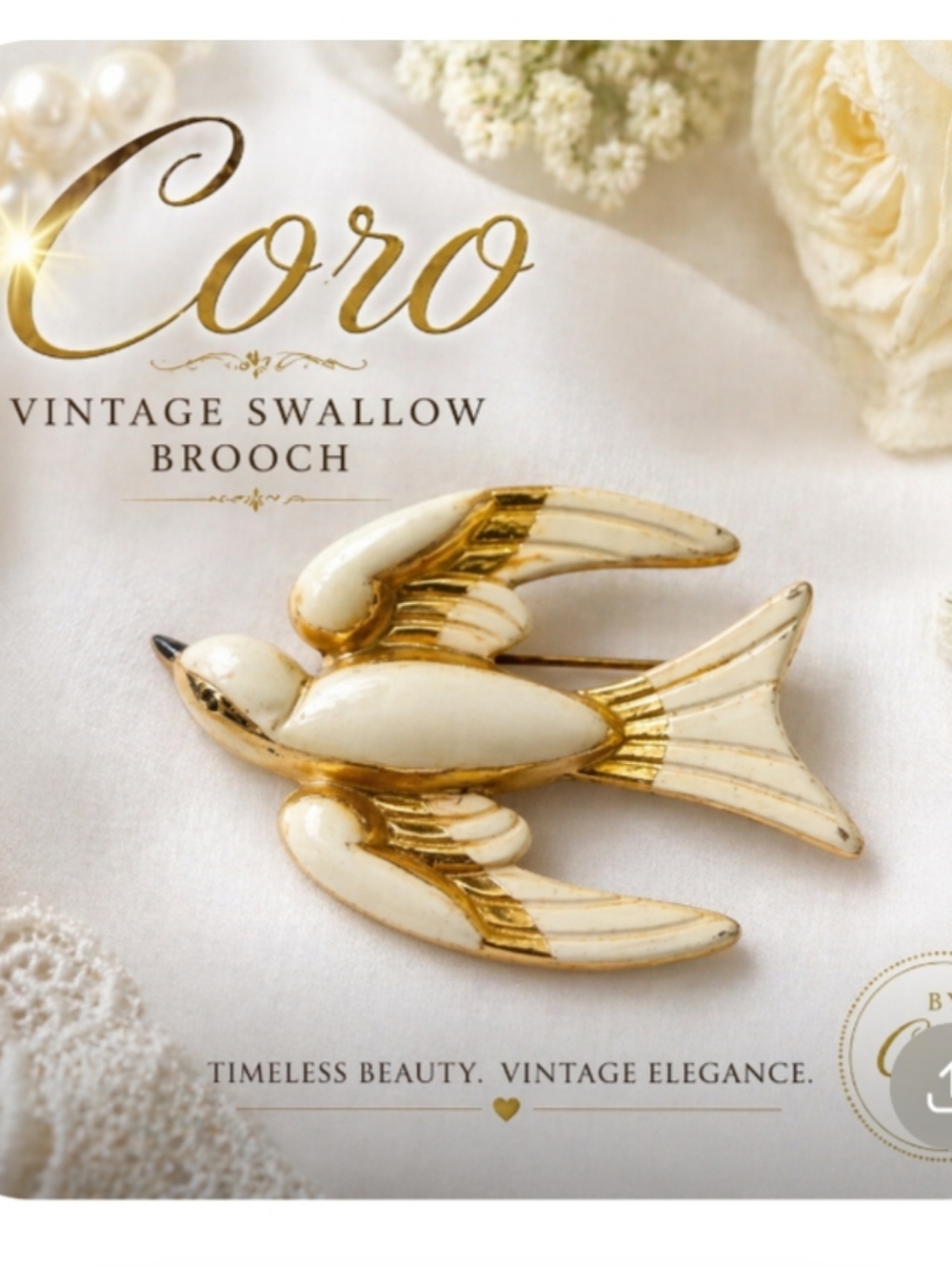 Vintage Coro Swallow Bird Brooch Gold Tone White Enamel Mid Century